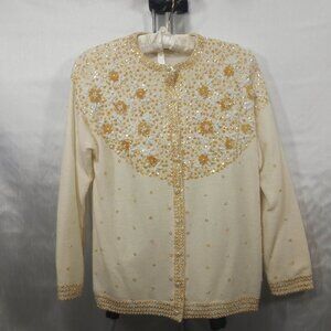 1950's Vintage Cream Wool Hand Beaded Sequined Cardigan - Needs Love!